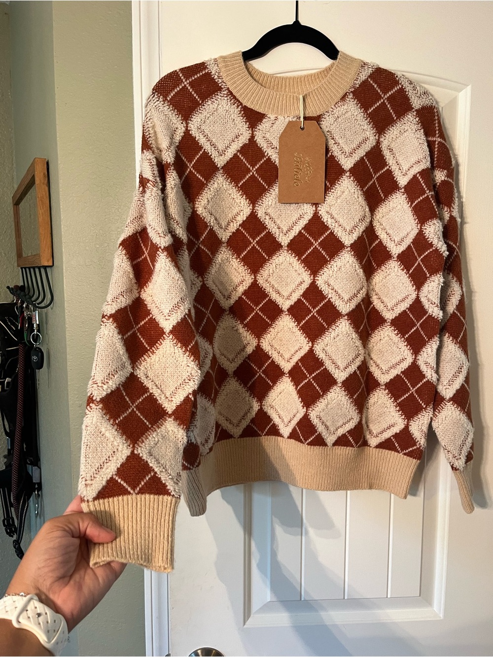 Listicle Brown and Cream Argyle Crewneck Sweater
